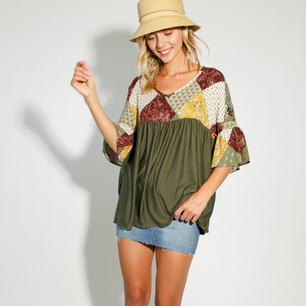 **LAST ONE**Olive Color-Block Paisley Baby Doll Top - Picture 1 of 7